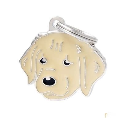 Beige dog face-shaped ID tag with silver edges and black nose on a metal keyring accessory