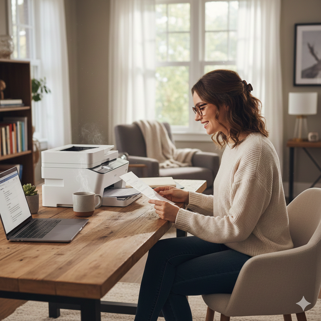 Woman wearing glasses and a cozy sweater sits at a wooden table in a bright room, smiling while holding a printed document near a laptop and printer.