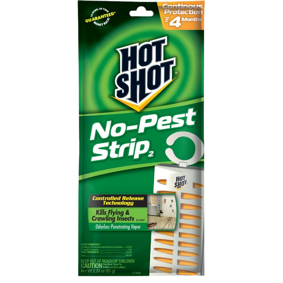 Green-packaged pest control strip offering up to 4 months of odorless protection against flying and crawling insects