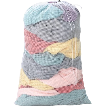 White breathable mesh laundry bag filled with colorful clothes for laundry storage and organization under $50