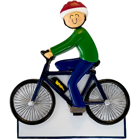 Smiling male figure in green shirt and red hat riding dark electric bike, festive Christmas tree ornament under $50