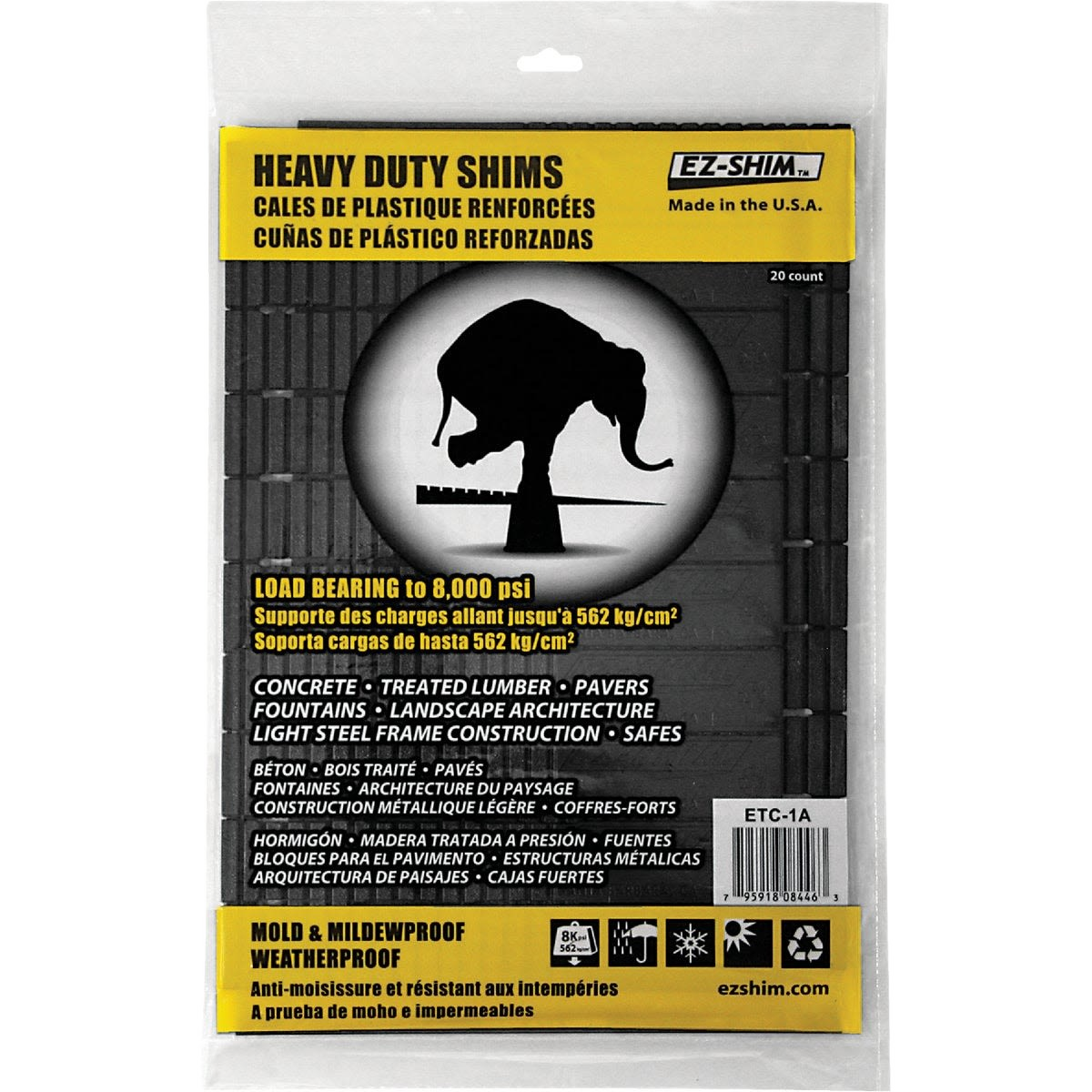 Package of heavy duty black plastic shims supporting loads up to 8,000 psi for home improvement and construction use