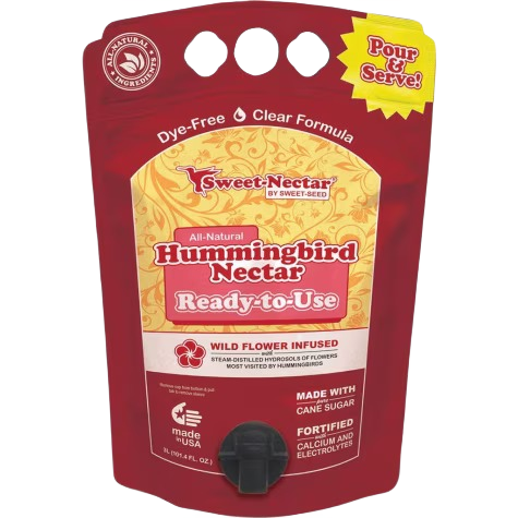 Red refill pouch of ready-to-use hummingbird nectar with wild flower infusion and pour spout for easy serving