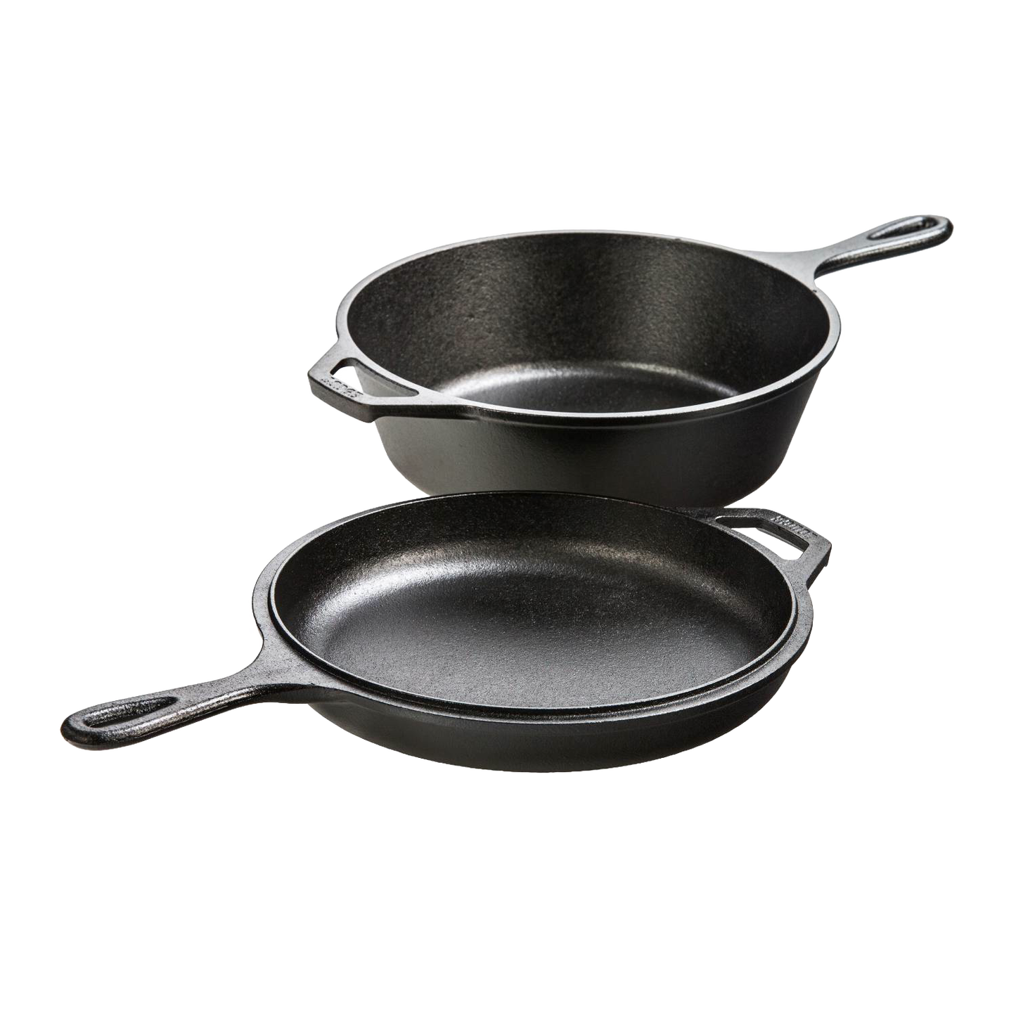 Two black cast iron pans with handles, including a deep pot and a flat skillet, for Kitchen & Kitchenware collections