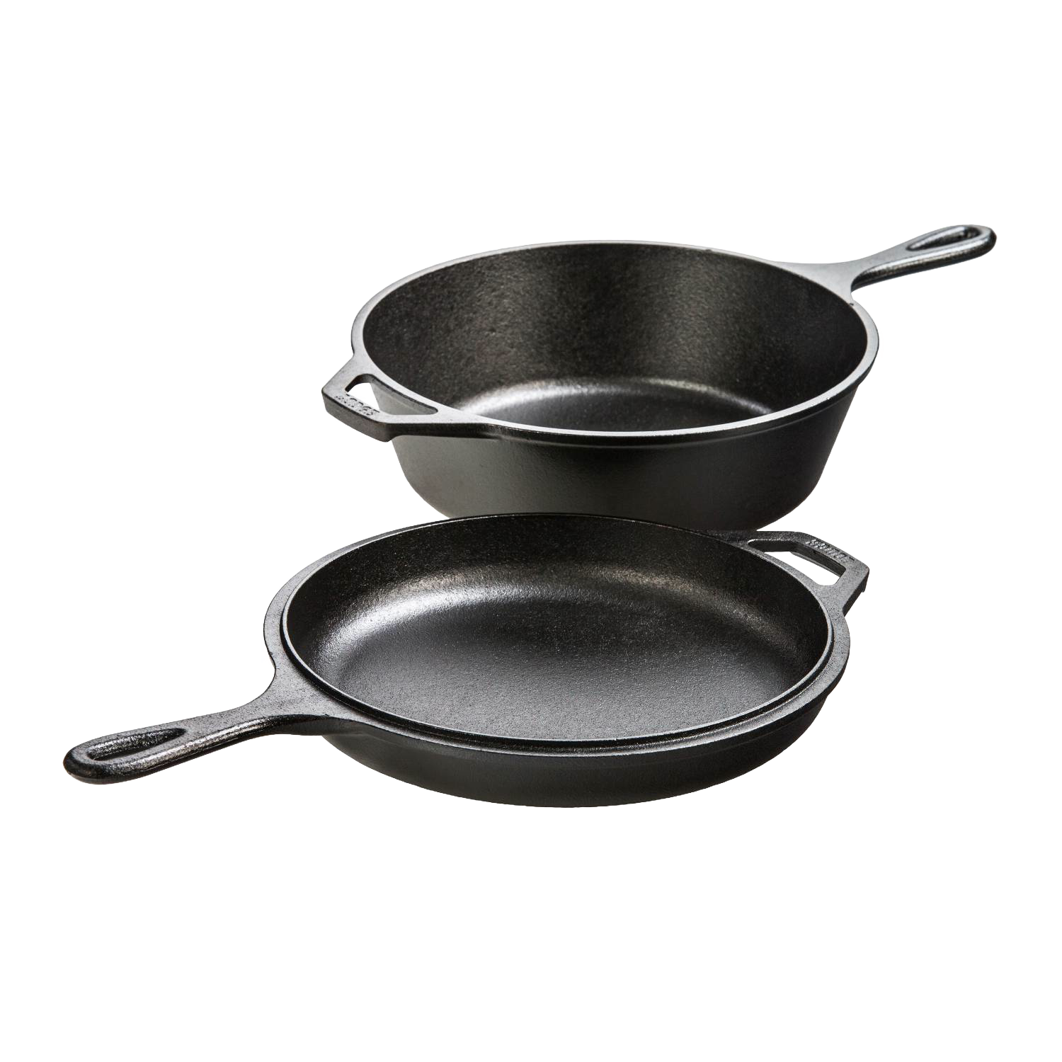Two black cast iron pans with handles, including a deep pot and a flat skillet, for Kitchen & Kitchenware collections
