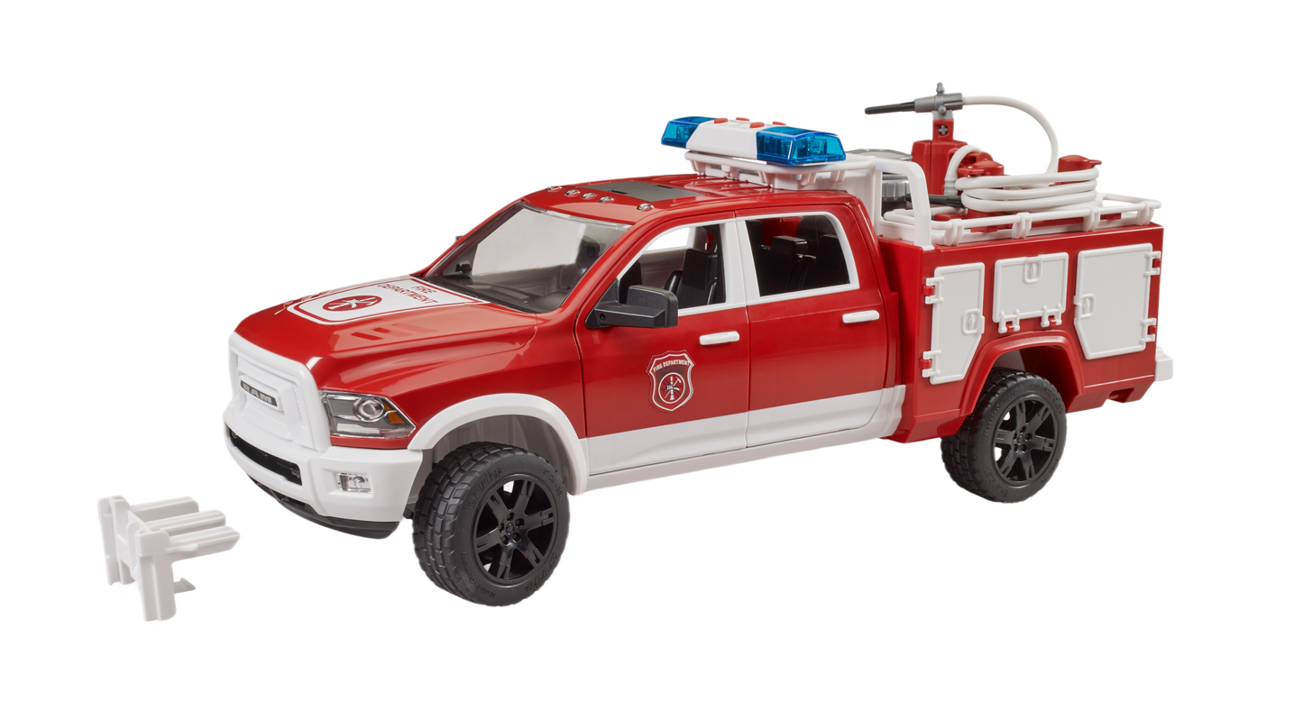 Red and white fire rescue truck toy with blue and red lights and detailed hose equipment accessories