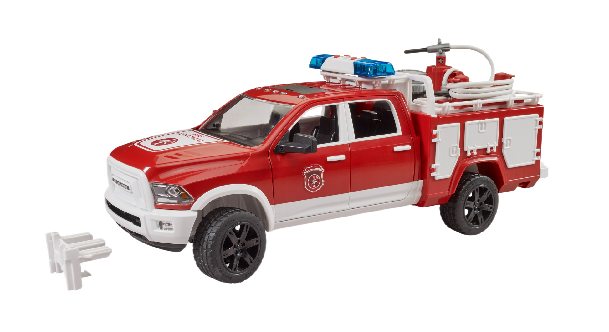 Red and white fire rescue truck toy with blue and red lights and detailed hose equipment accessories