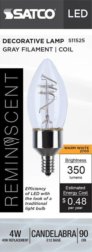 Clear decorative LED bulb with gray coil filament and candelabra base for warm white home lighting under $50