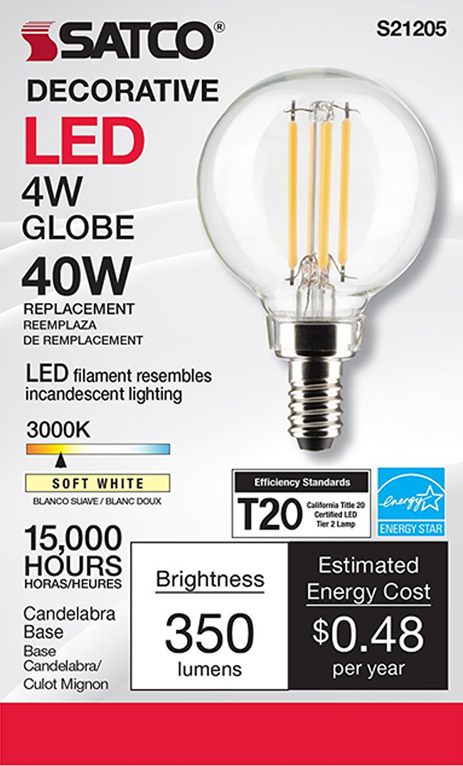 Clear decorative LED globe bulb with candelabra base and visible filament for home improvement lighting needs