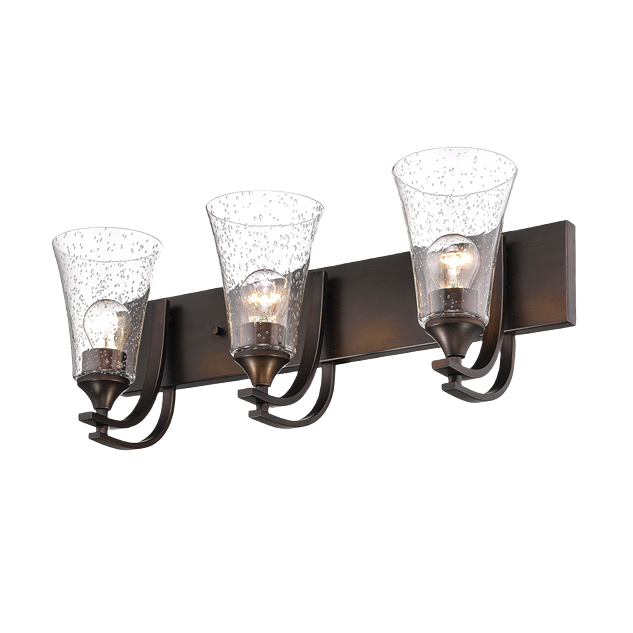 Three-light rubbed bronze bathroom sconce with clear seeded glass shades for vanity and wall lighting