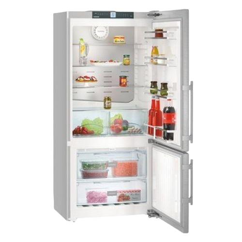 Open freestanding refrigerator/freezer with right-hinged doors, adjustable shelves, and clear crispers in kitchen appliances collection