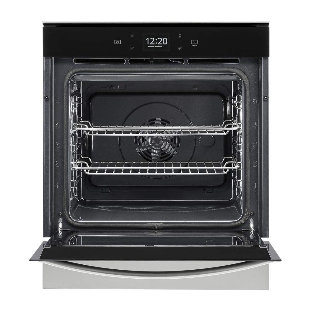 Open stainless steel convection wall oven with racks and digital control panel from kitchen appliances collection