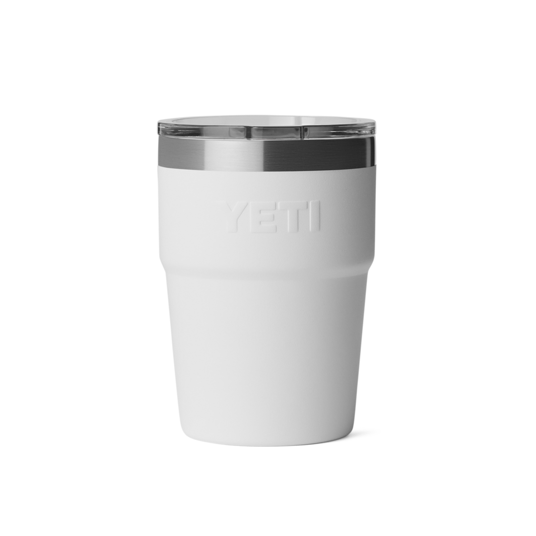 Matte white insulated 16 oz stackable cup with clear lid and stainless steel rim for drinkware and kitchenware collections