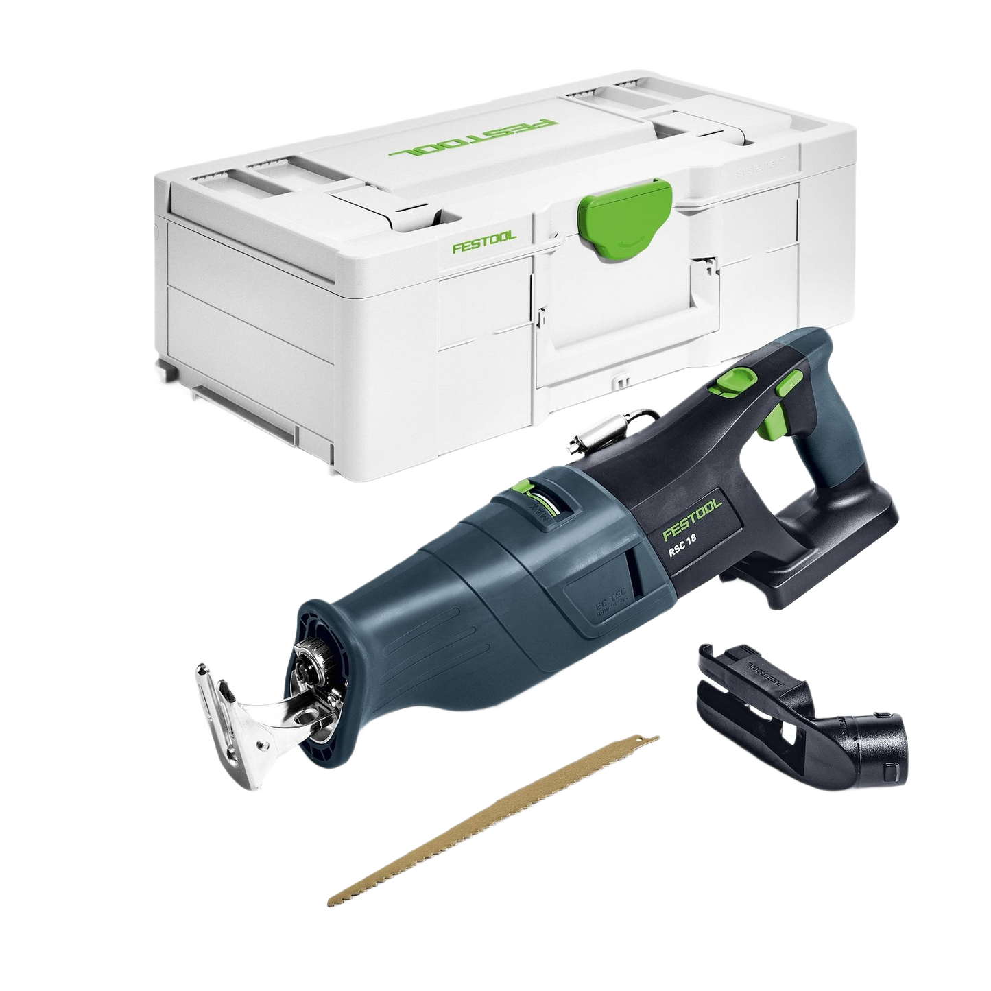 Cordless reciprocating saw with battery, charger, and white storage case for power tools and home improvement projects