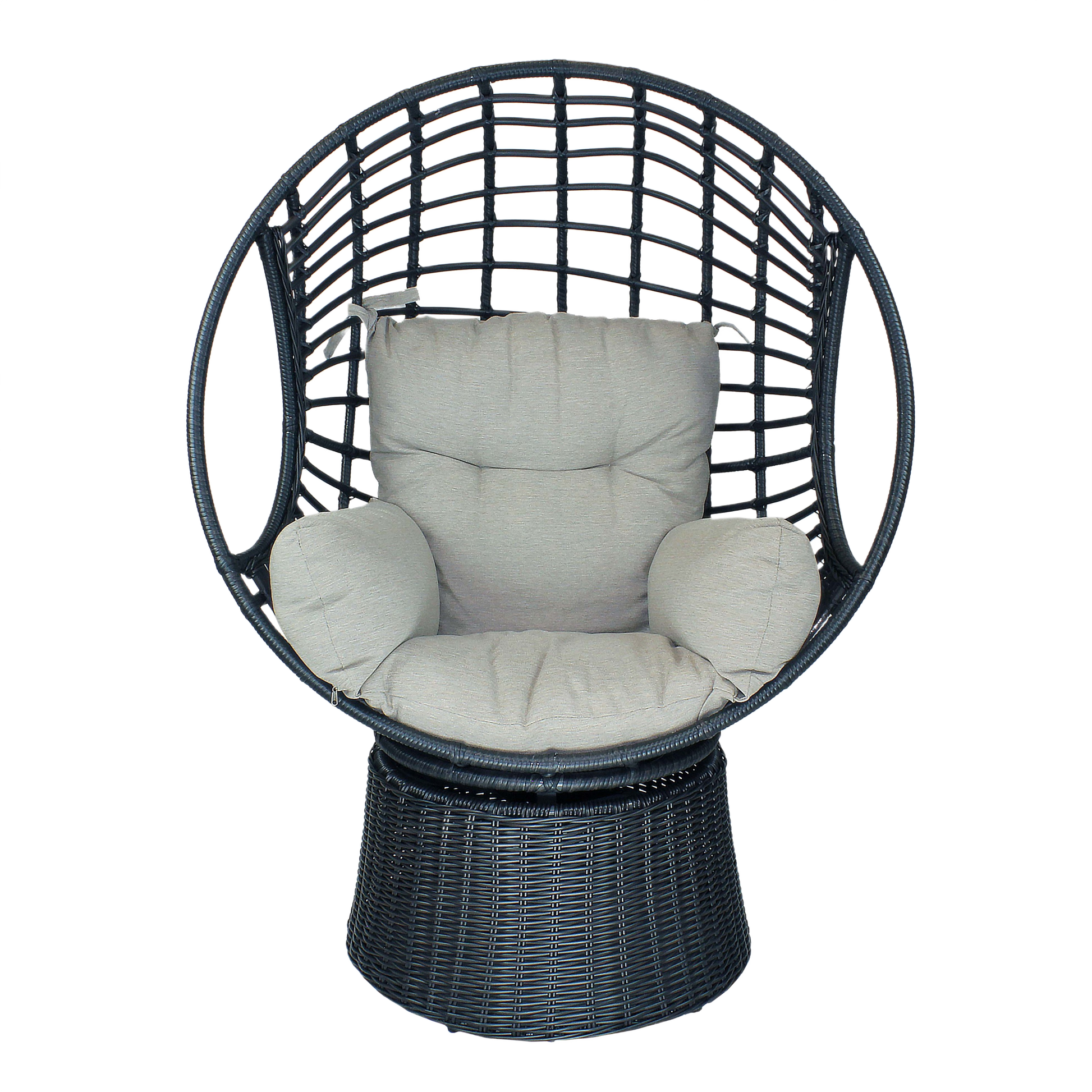 Dark wicker deep seat swivel lounger with plush light gray cushions for outdoor patio and garden decor.
