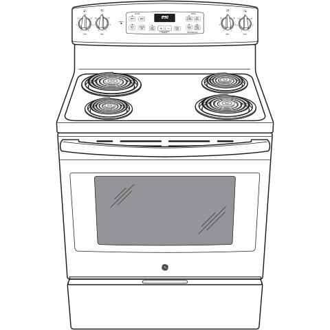 White free-standing electric range with four coil burners and digital control panel in a kitchen appliance setting