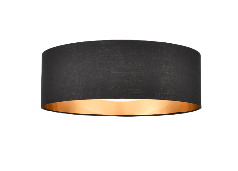 Black fabric ceiling light fixture with burnished gold interior for modern lighting and home improvement collections