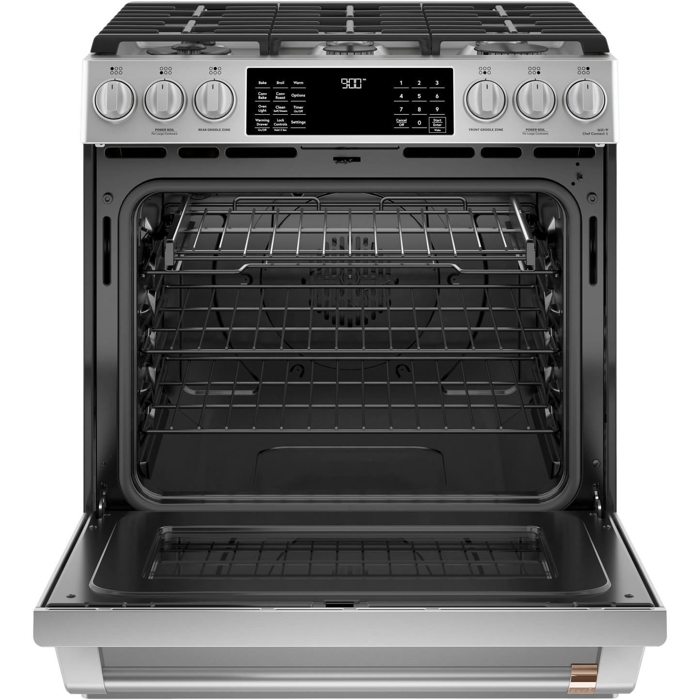 Front-control dual-fuel range with open oven door showing racks and digital display from kitchen appliances collection