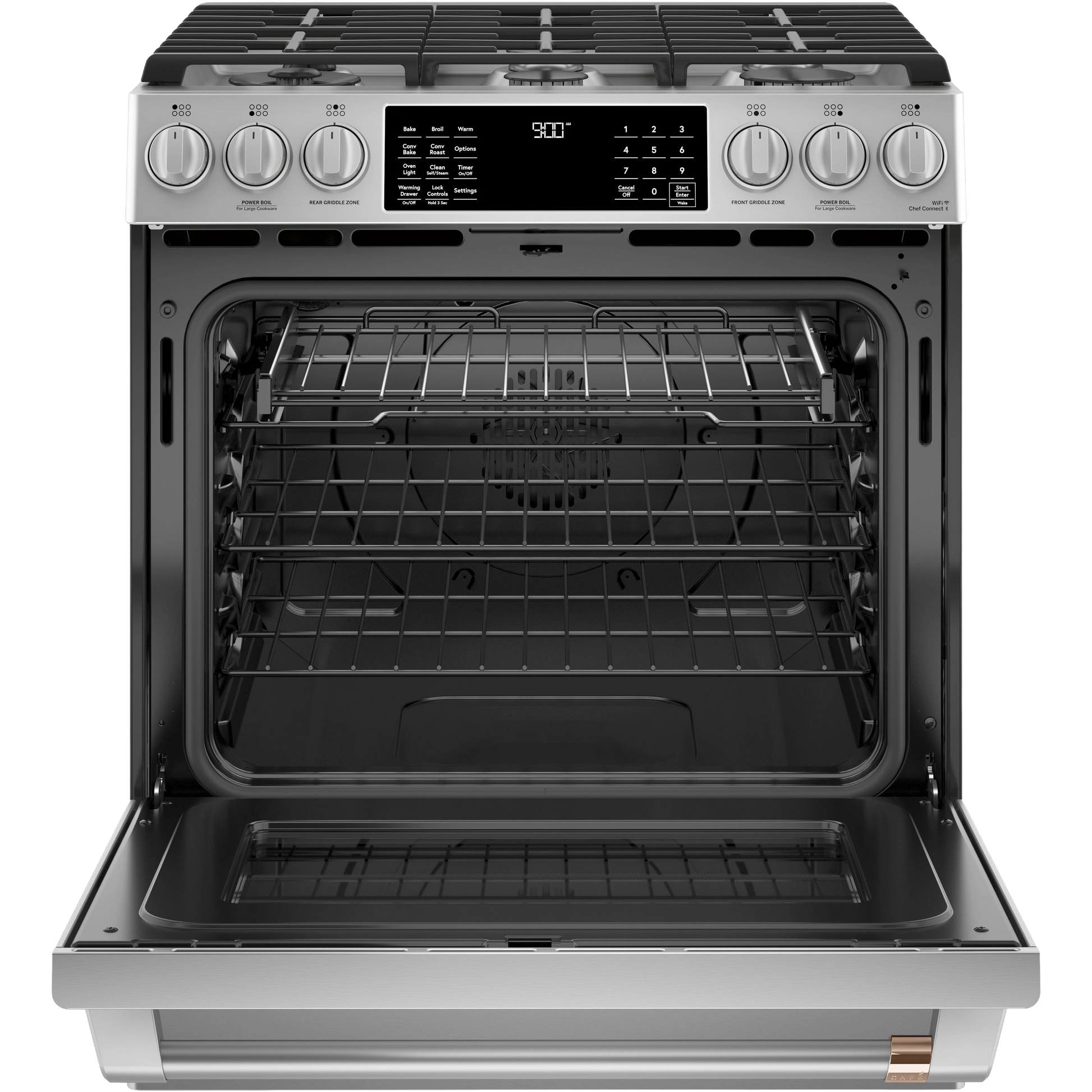 Front-control dual-fuel range with open oven door showing racks and digital display from kitchen appliances collection