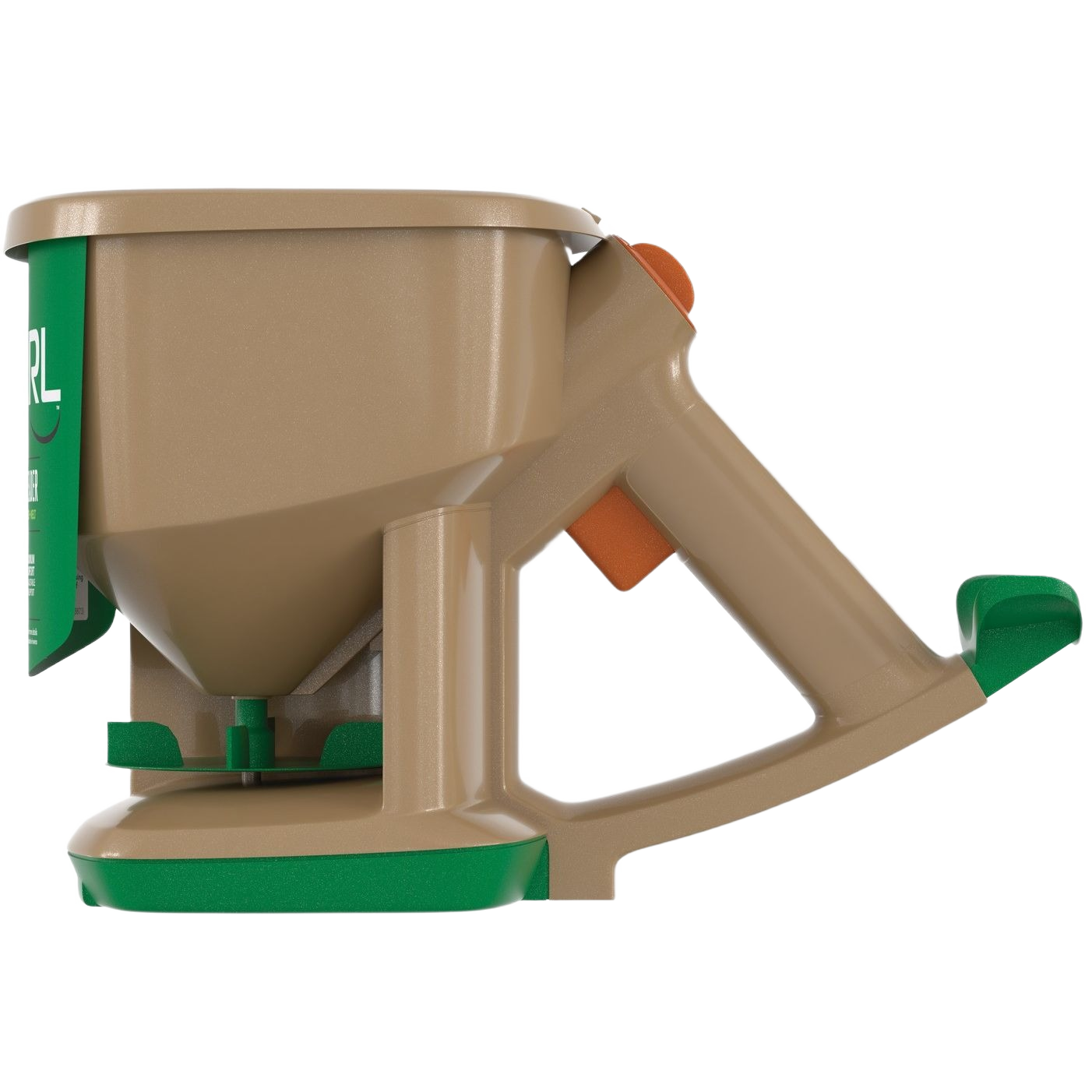 Brown handheld spreader with green and orange accents designed for lawn care and gardening tasks under $50 collections