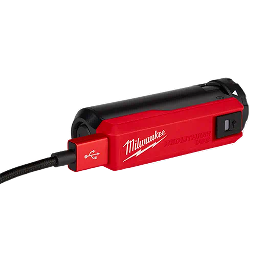 Compact red and black Milwaukee USB portable power source with on/off switch for tools and home improvement tasks
