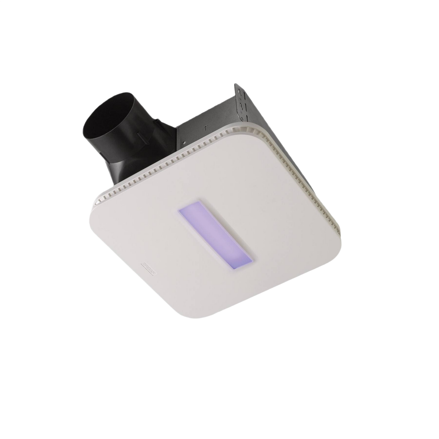 Square antimicrobial exhaust fan with integrated light and black vent connector for home improvement installation