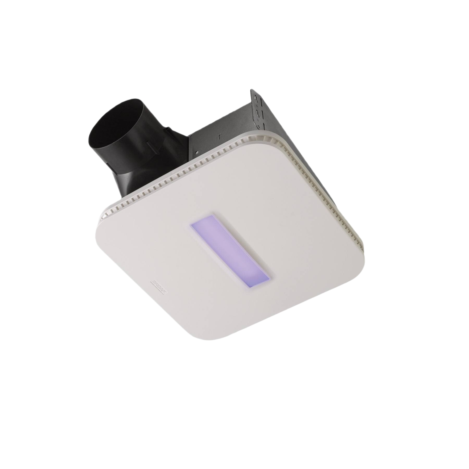 Square antimicrobial exhaust fan with integrated light and black vent connector for home improvement installation