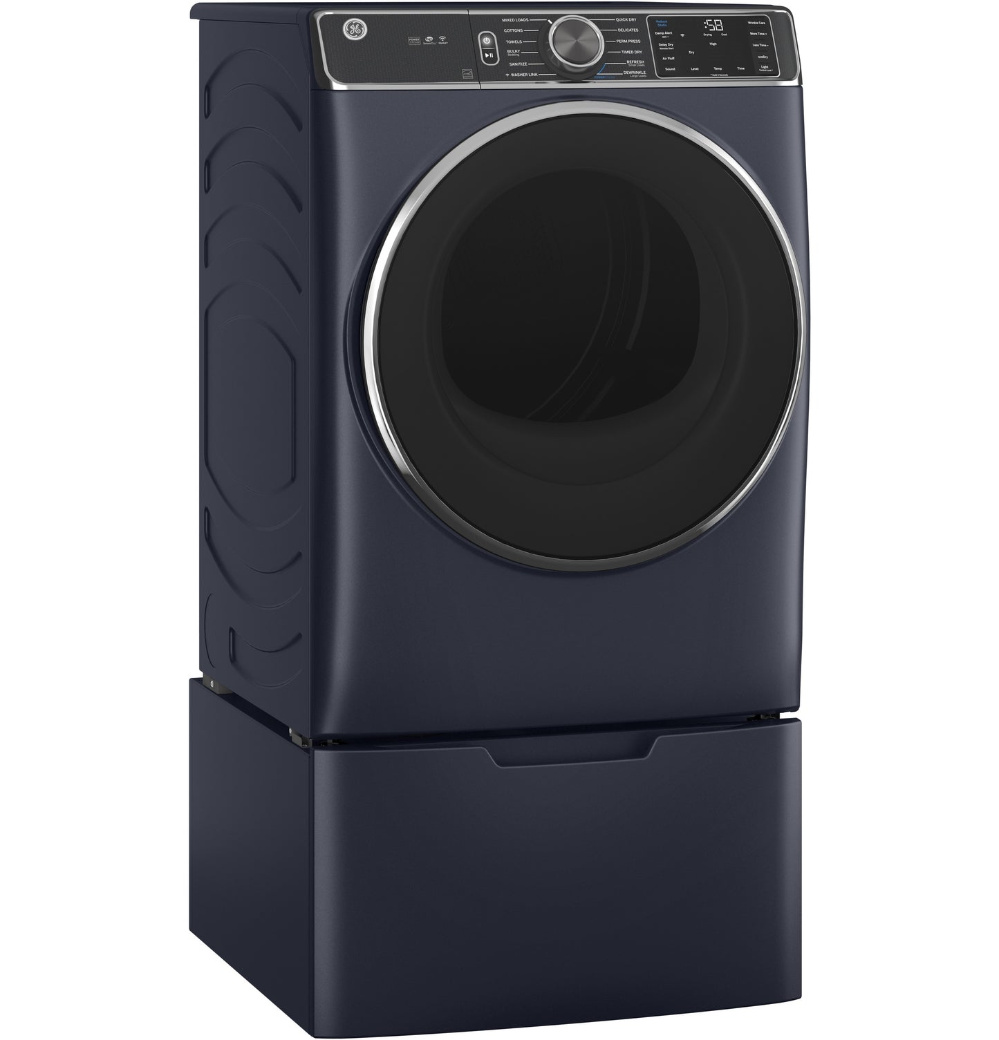 Dark blue front-load washing machine with matching pedestal base, control panel, and round door for laundry appliances.