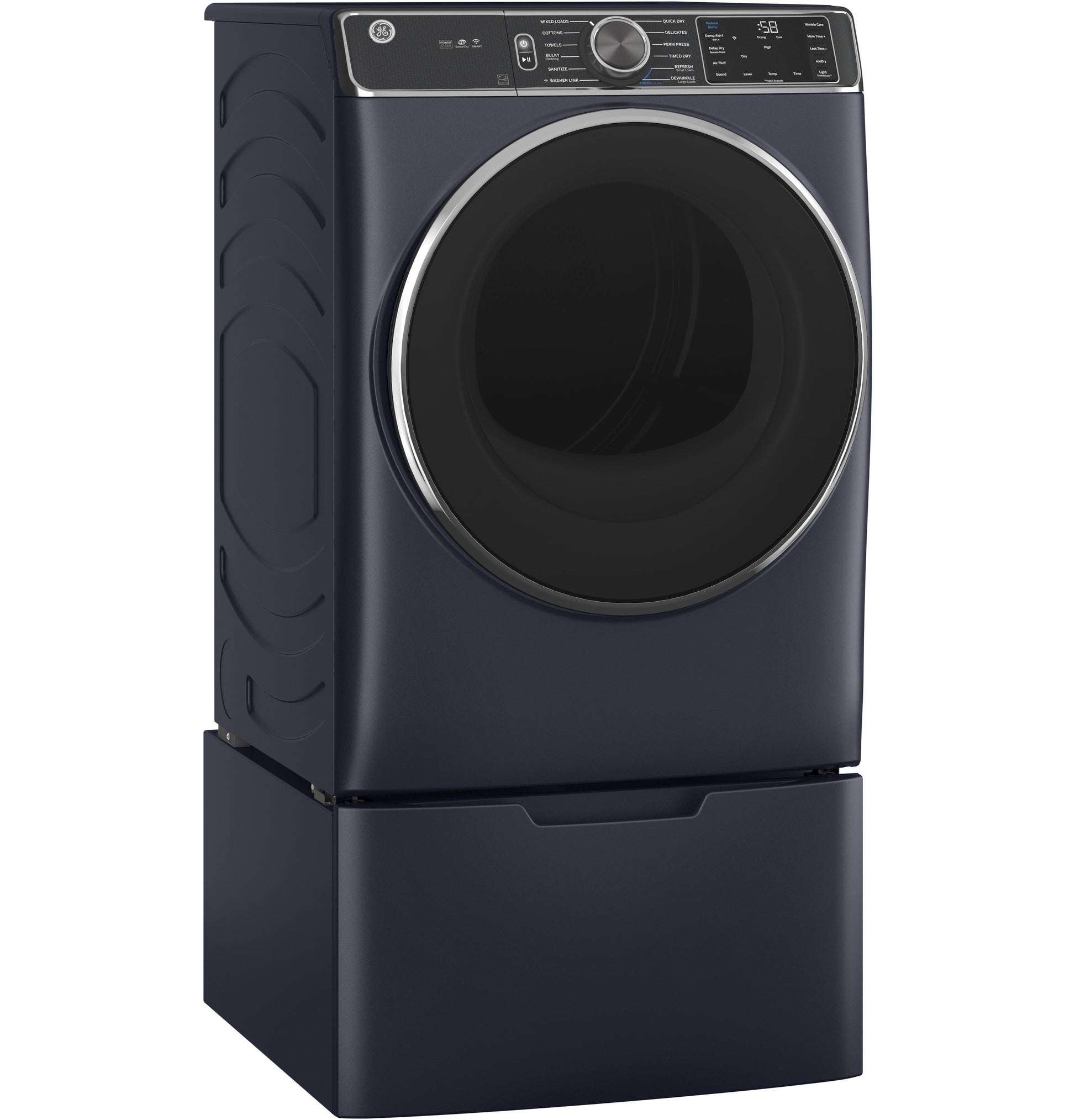 Dark blue front-load washing machine with matching pedestal base, control panel, and round door for laundry appliances.