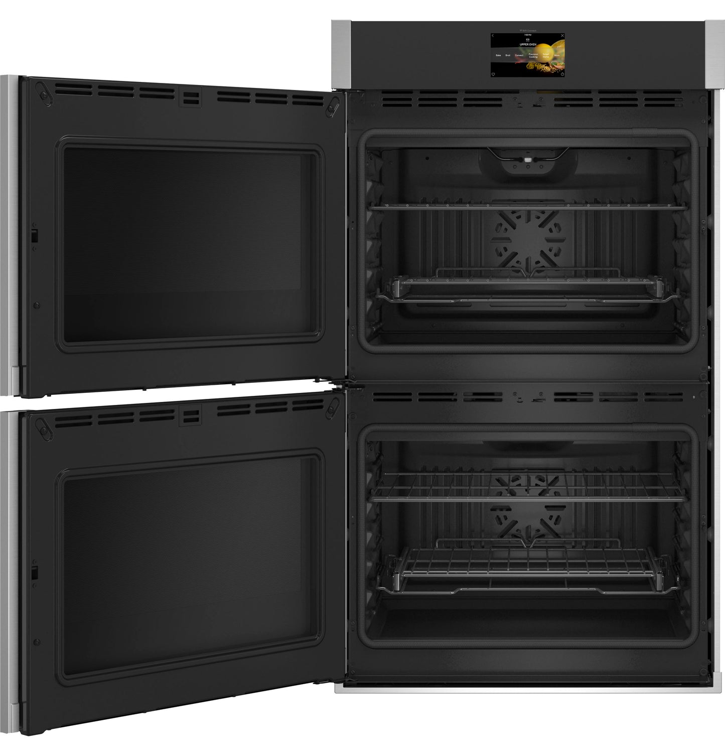Black smart built-in convection double wall oven with touchscreen and left-hand side-swing doors in kitchen appliances collection