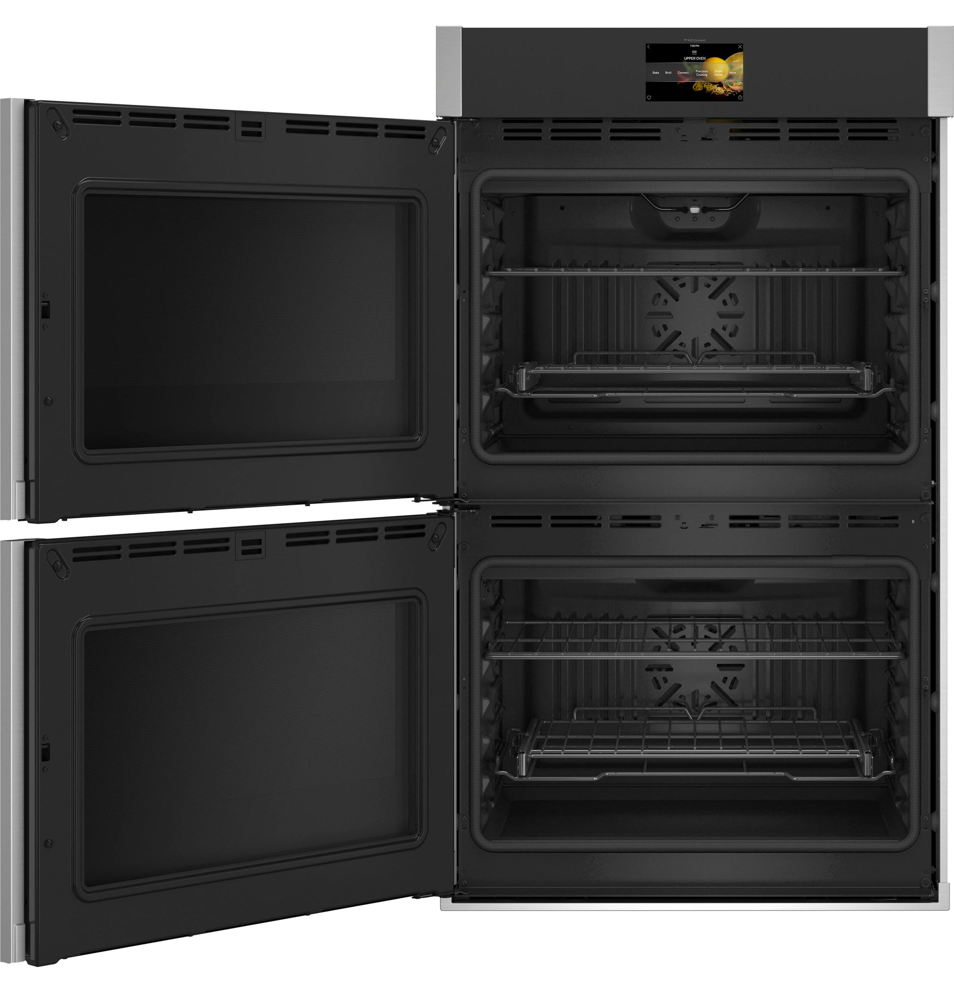 Black smart built-in convection double wall oven with touchscreen and left-hand side-swing doors in kitchen appliances collection