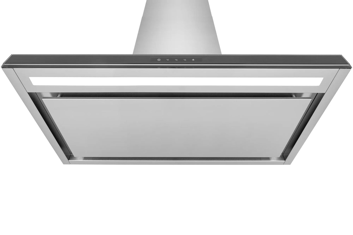 stainless steel wall-mounted T shape range hood with perimeter venting and integrated LED lighting for kitchens