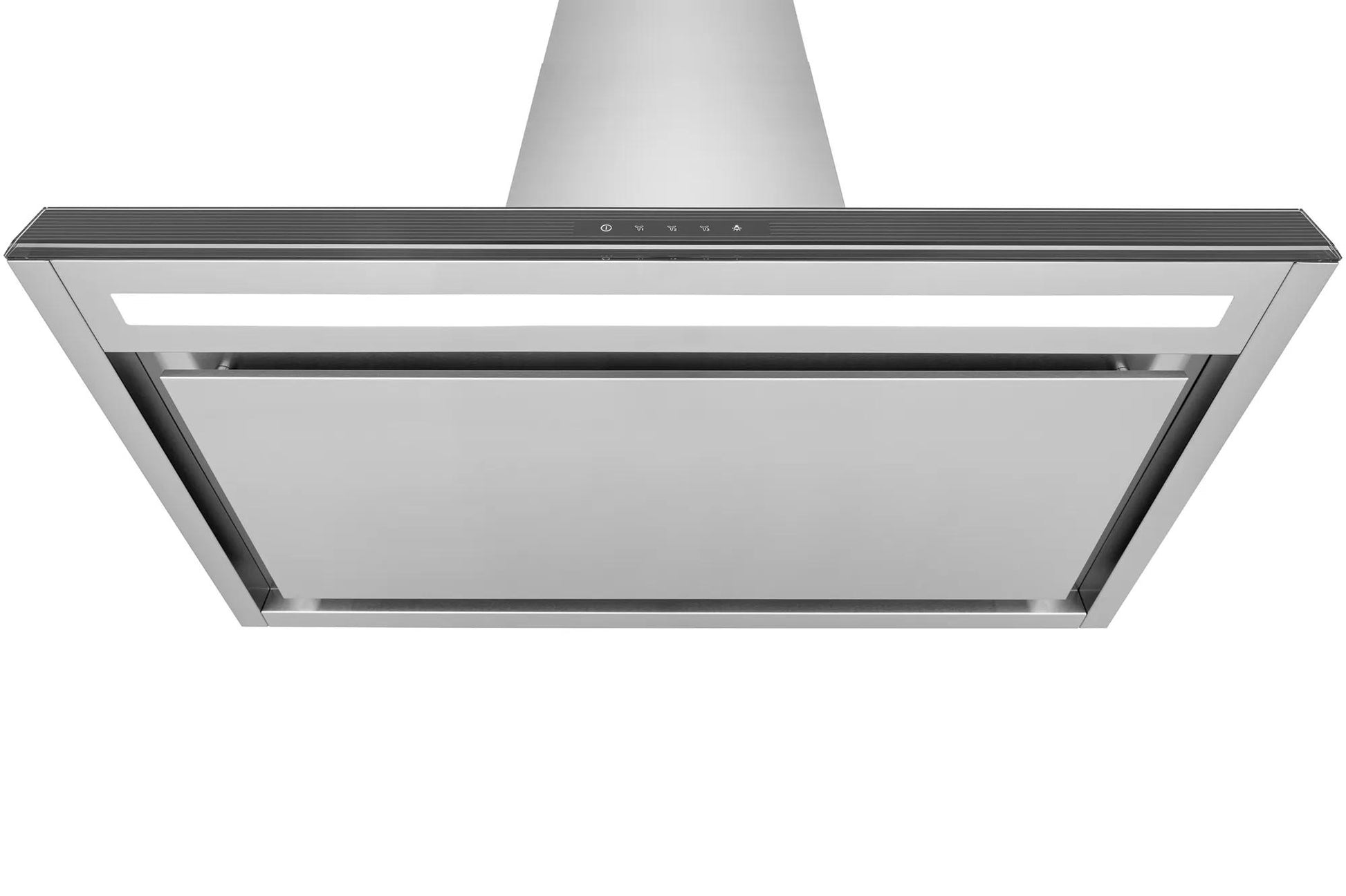 stainless steel wall-mounted T shape range hood with perimeter venting and integrated LED lighting for kitchens