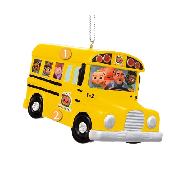 Yellow school bus Christmas ornament featuring Cocomelon characters for festive tree décor under $50 collection