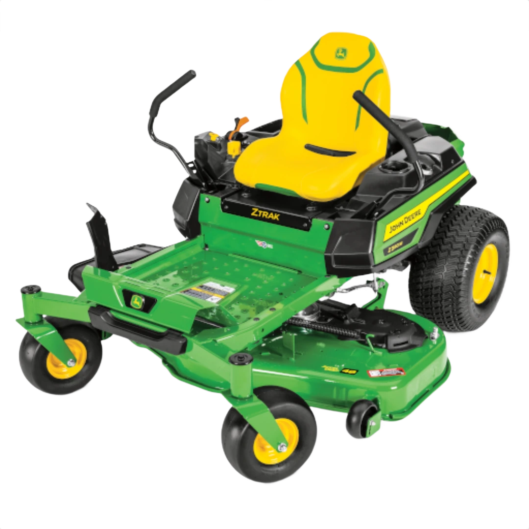 Green and yellow zero-turn lawn mower with 48-inch cutting deck for home improvement and lawn care tasks
