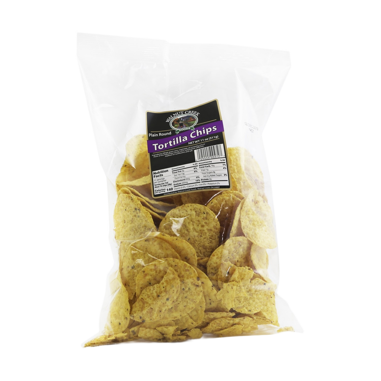 Clear bag of round yellow tortilla chips with label for Chips & Snacks and Food & Beverage collections
