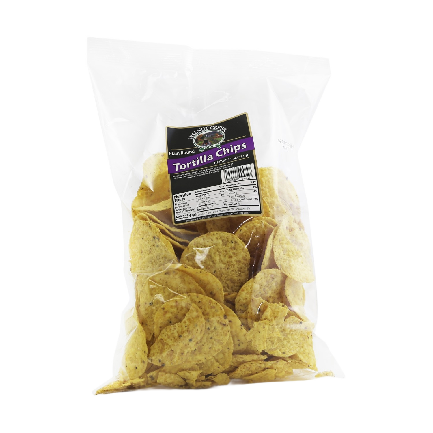 Clear bag of round yellow tortilla chips with label for Chips & Snacks and Food & Beverage collections