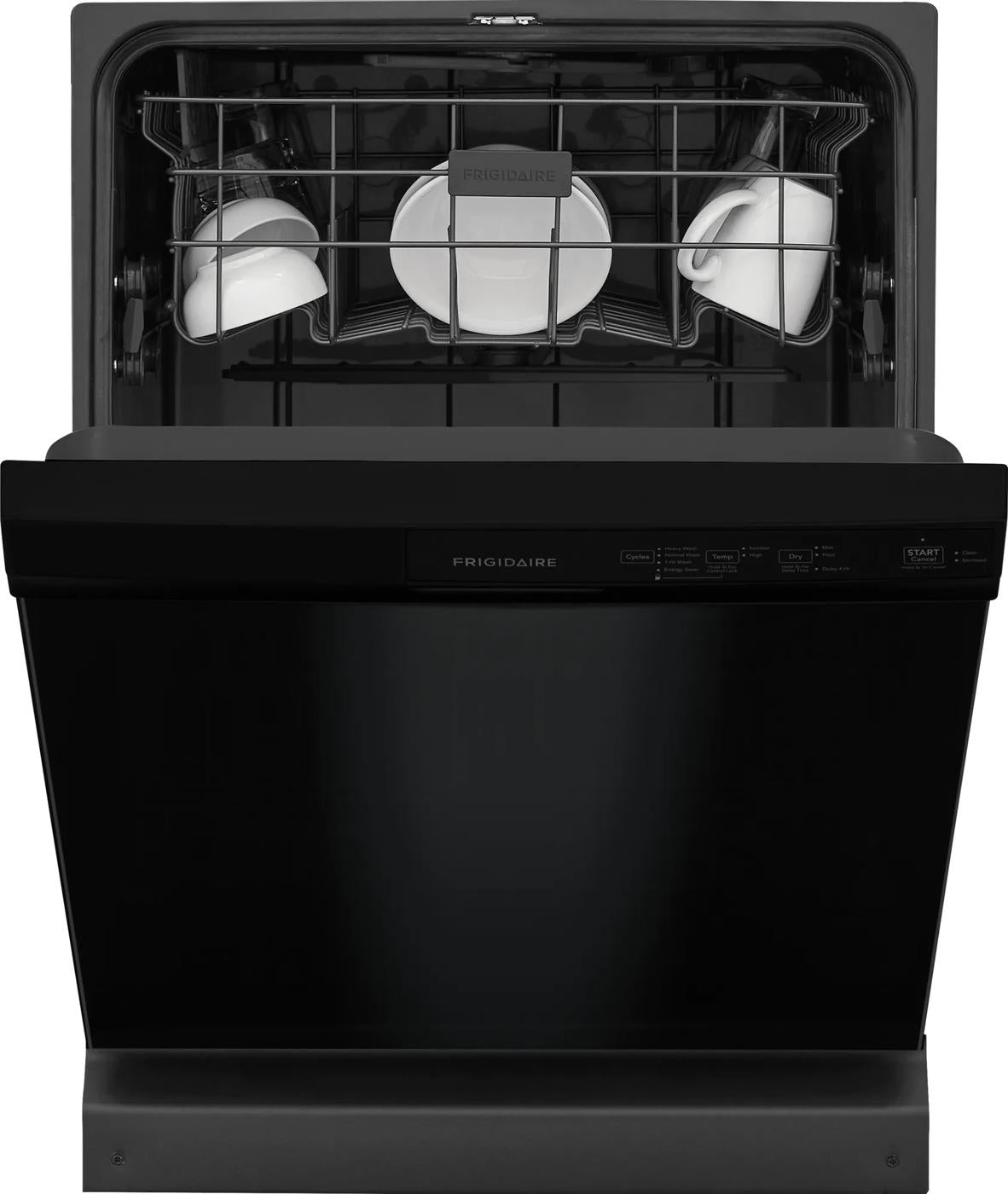Open black built-in dishwasher with upper rack loaded with white cups and bowls in kitchen appliance setting