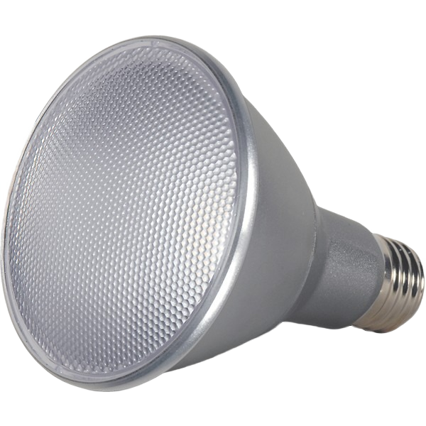 Gray long neck LED flood light bulb with textured front surface and metal screw base for home improvement use