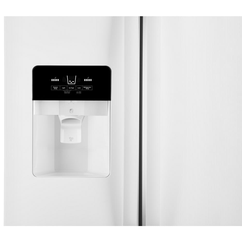 Close-up of water and ice dispenser with control panel on white side-by-side refrigerator in kitchen appliances collection