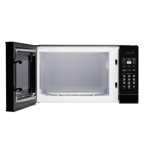 Open black countertop microwave with digital keypad and green LED timer display for kitchen appliances use