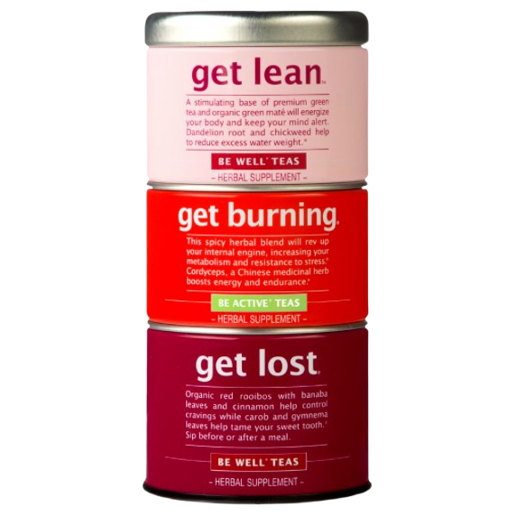 Stacked tea tins in pink, red, and burgundy with herbal blend descriptions for wellness and beverage collections under $50
