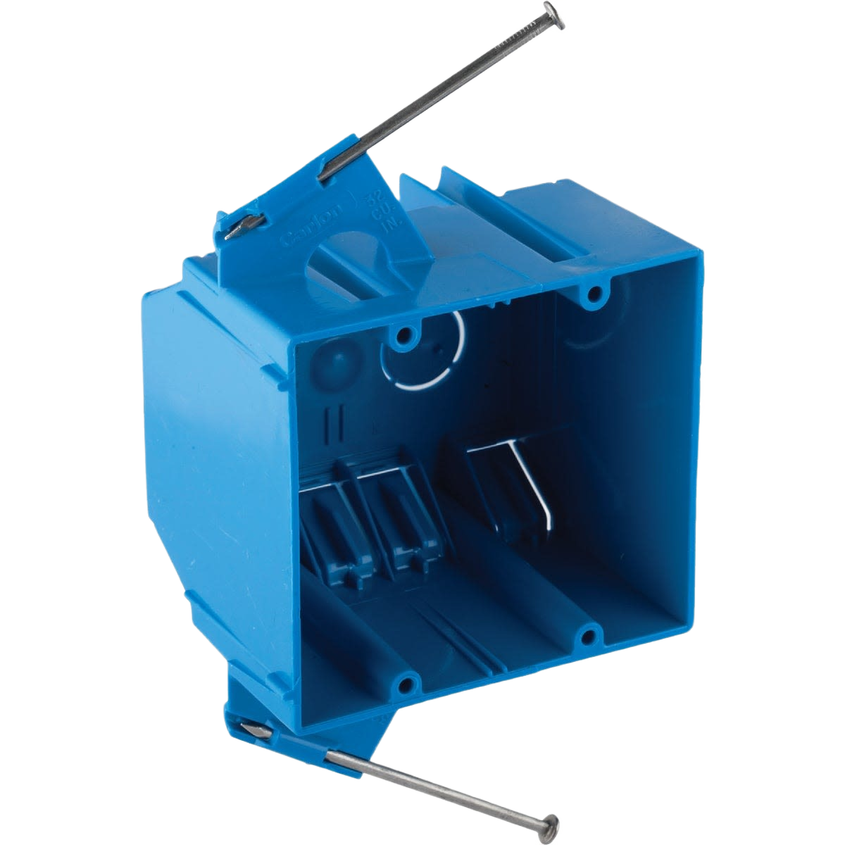 Blue PVC two-gang electrical box with mounting nails designed for home improvement installations