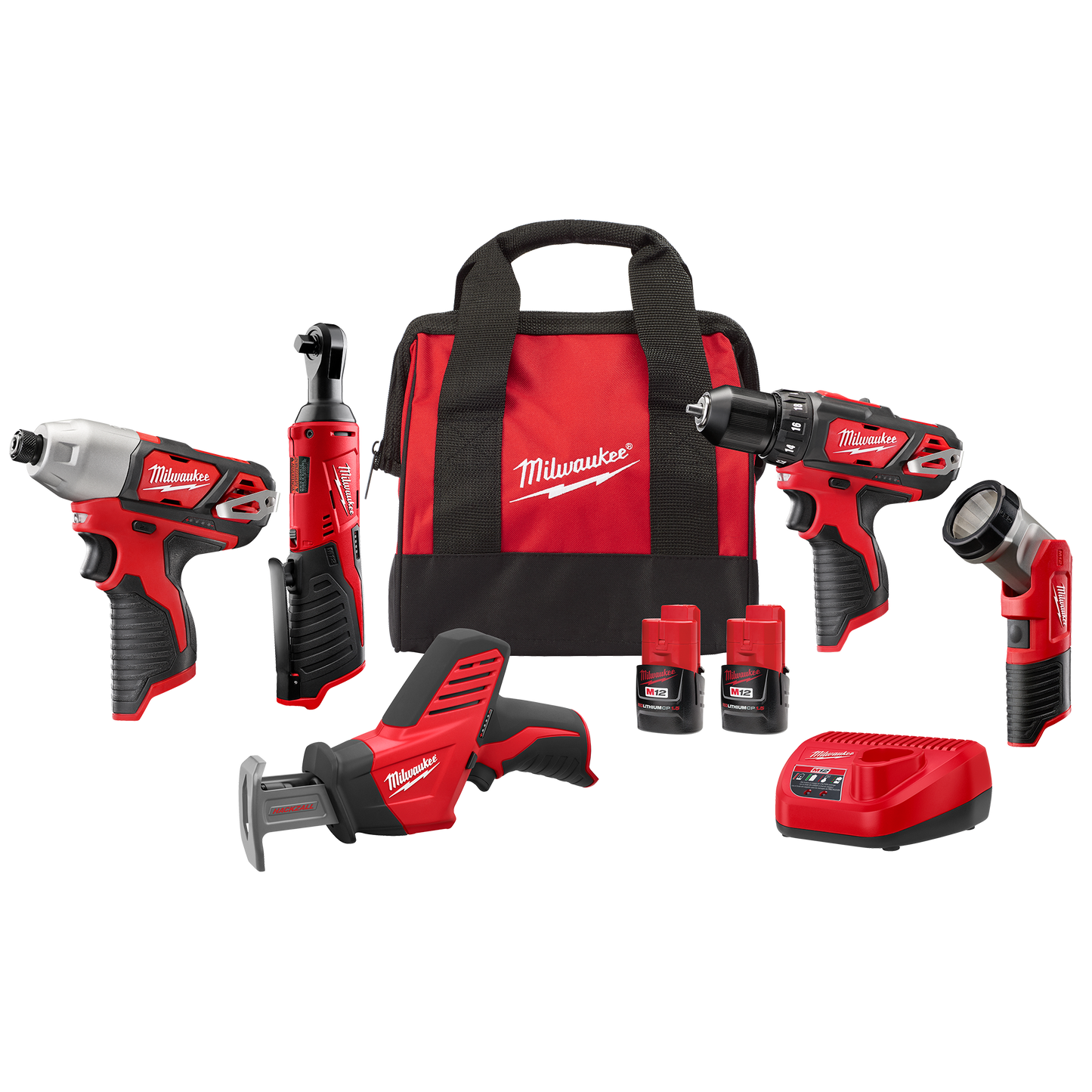 Milwaukee M12 Lithium-Ion Cordless Combo Kit (5-Tool) with Two 1.5Ah Batteries, Charger & Tool Bag