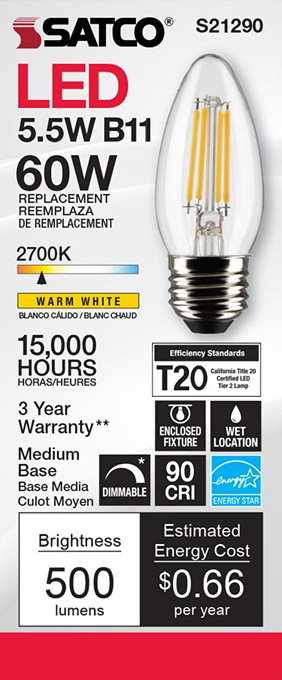 Clear B11 LED bulb with warm white 2700K color temperature, medium base, and energy-efficient features for lighting collections