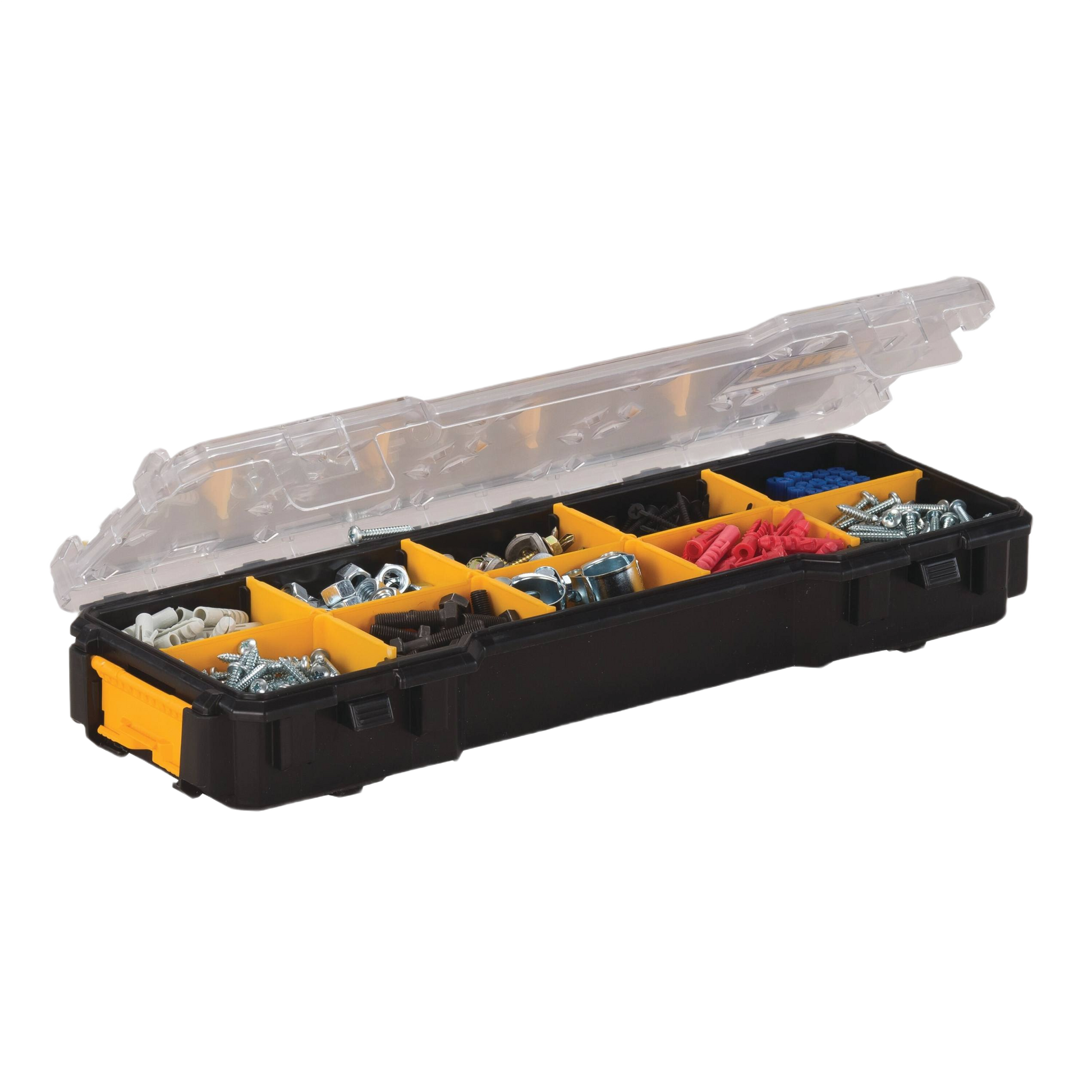 Black and yellow storage bin with ten compartments holding various screws and small hardware for workshop organization