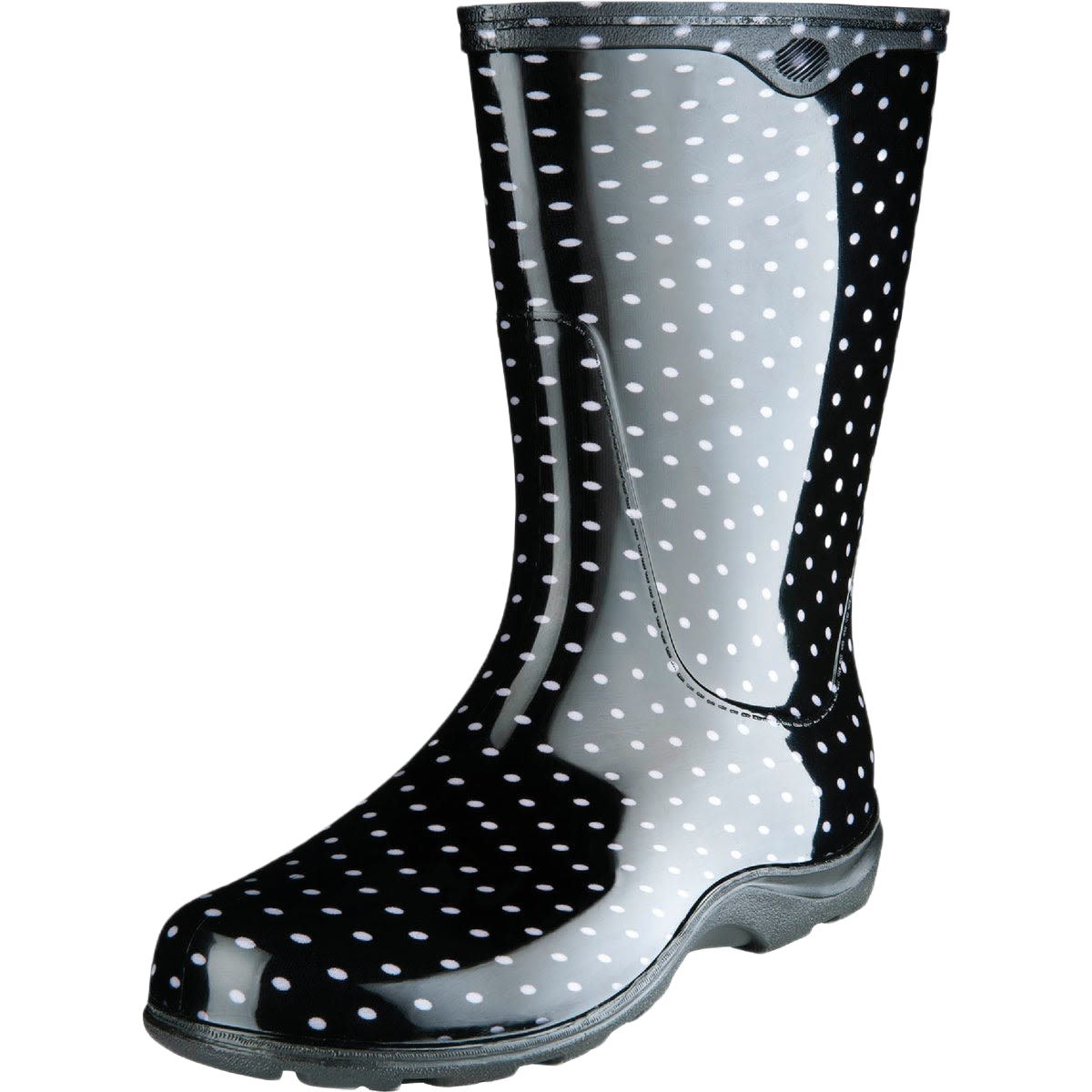 Black rubber boot with white polka dots and durable sole for outdoor wear in footwear and clothing collections
