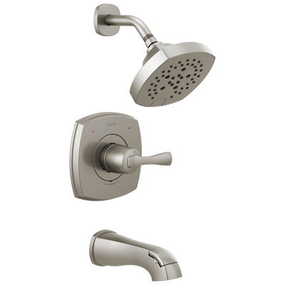 Brushed stainless steel tub and shower trim set with adjustable showerhead and single lever handle for temperature control