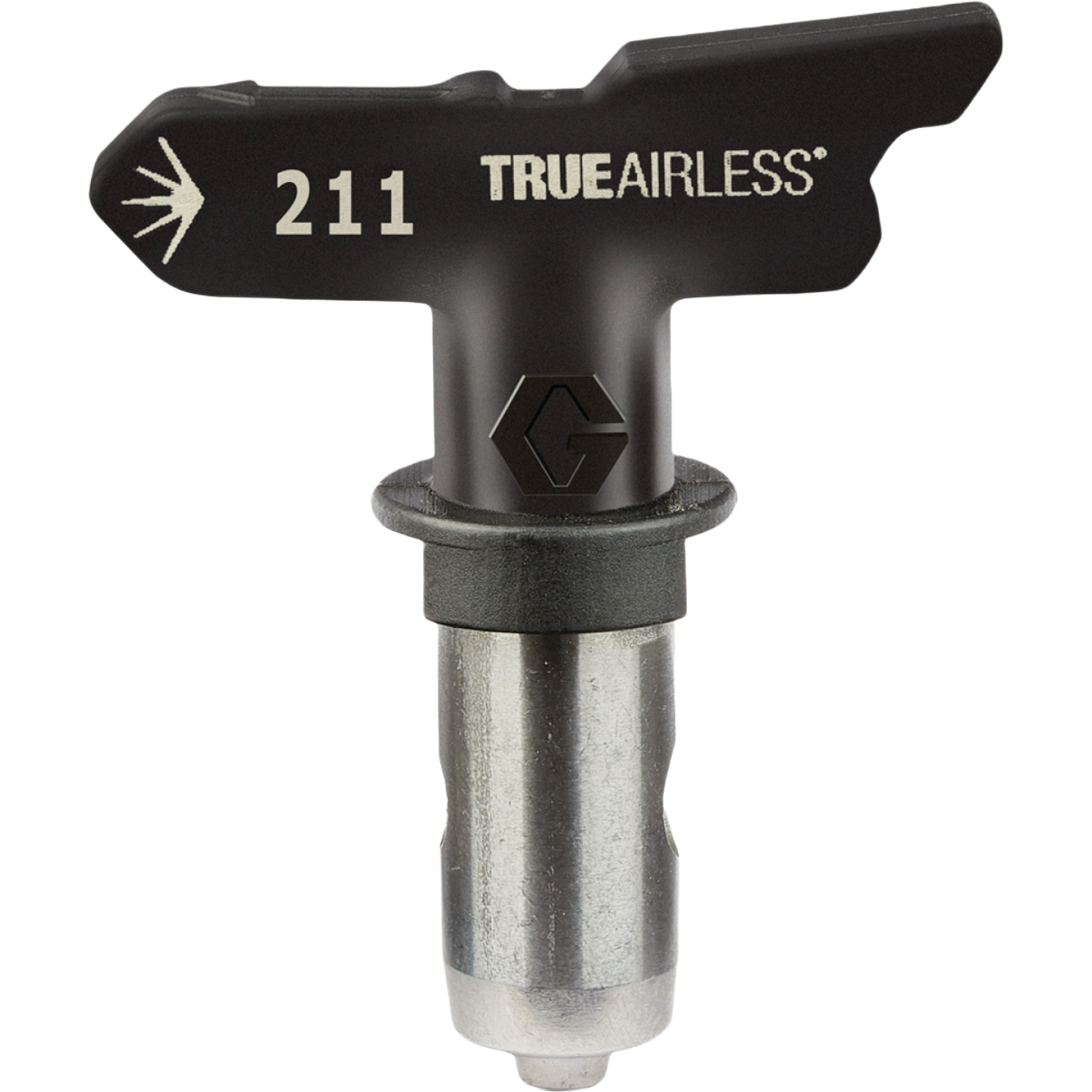 Black and silver TrueAirless paint spray tip with model number 211 for precision spraying in paint supplies collections