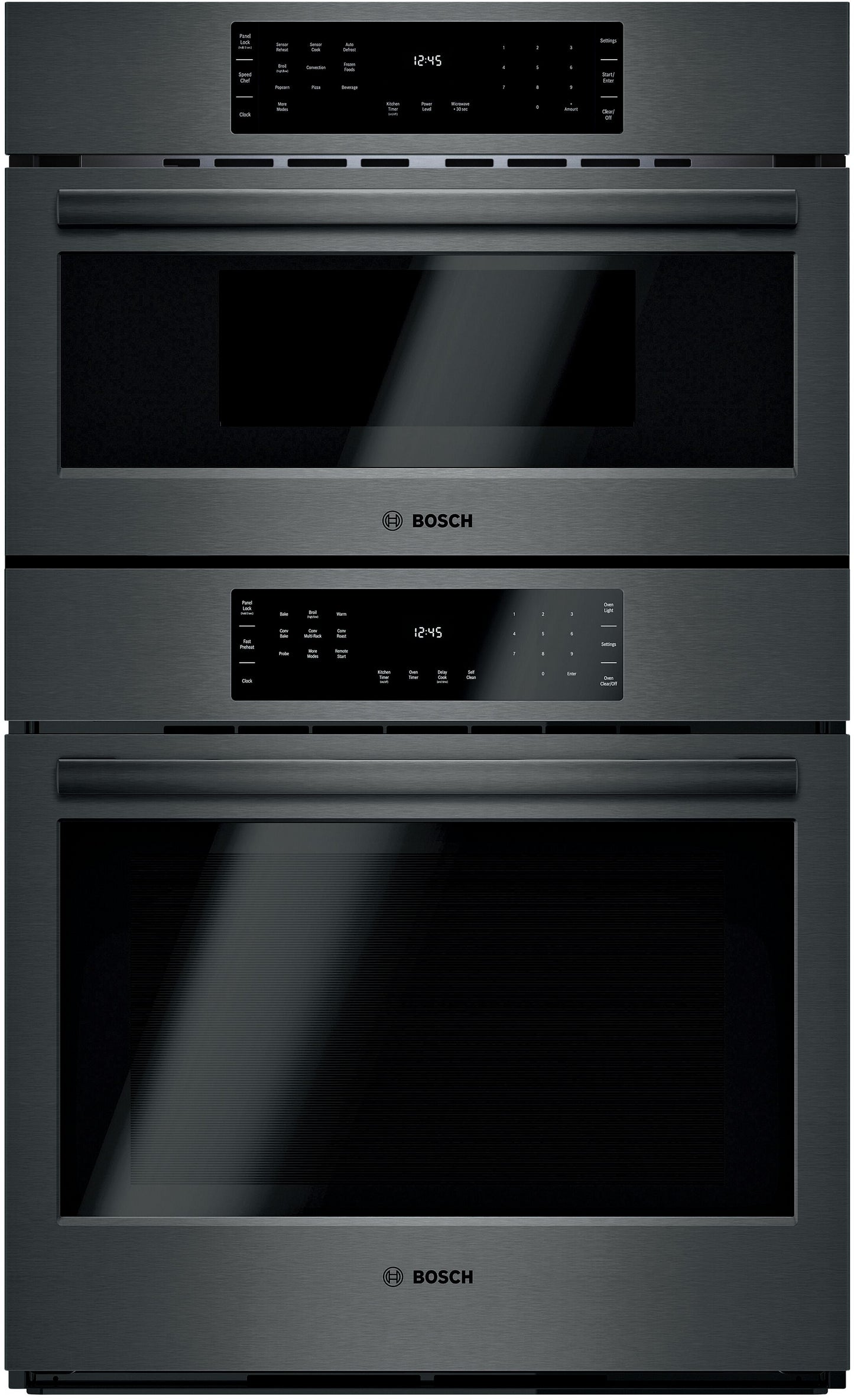 Stainless steel Bosch 800 Series wall oven with two compartments and digital touch controls for kitchen appliances.